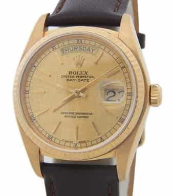 Mens Rolex 18K Gold Day-Date 18038 Watch with Champagne Linen Dial (SKU 5415910FPAMT)