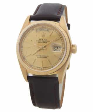 Mens Rolex 18K Gold Day-Date 18038 Watch with Champagne Linen Dial (SKU 5415910FPAMT)
