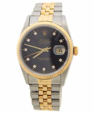 Mens Rolex Two-Tone Datejust Watch Ref. 16233 with Black Factory Diamond Dial (SKU X467248BAMT)