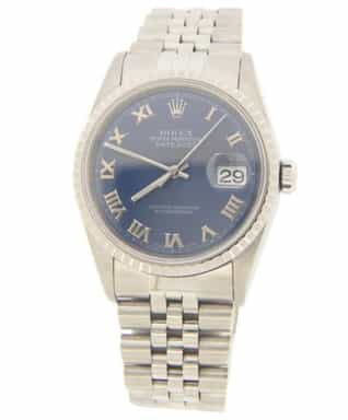 Mens Rolex Stainless Steel Datejust Watch Blue Roman Dial 16220 (SKU 16220FPAMT)