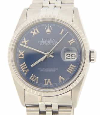 Mens Rolex Stainless Steel Datejust Watch Blue Roman Dial 16220 (SKU 16220FPAMT)