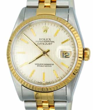 Mens Rolex Two-Tone 18K/SS Datejust Watch Silver Tapestry Dial 16233 (SKU S525252AMT)