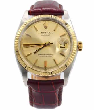 Mens Rolex Two-Tone Datejust 1601 Gold Champagne Dial Watch with Brown Strap (SKU 3036062FPAMT)