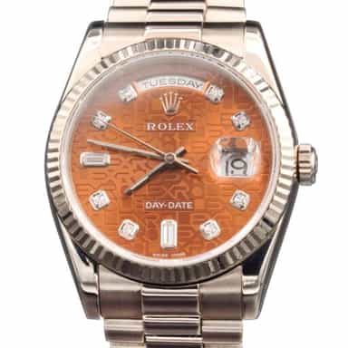 Mens Rolex 18K White Gold Day-Date President 118239 with Havana Brown Diamond Dial (SKU P888034AMT)