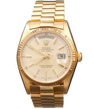 Pre-Owned Mens Rolex 18K Gold Day-Date Watch Silver Dial 18038 (SKU 5910006AMT)