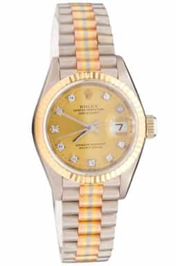 Ladies Rolex 18K Tridor Datejust President Watch Gold Champagne Diamond Dial 69179B (SKU 69179BFPAMT)