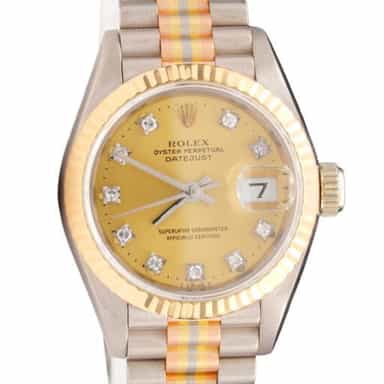 Ladies Rolex 18K Tridor Datejust President Watch Gold Champagne Diamond Dial 69179B (SKU 69179BFPAMT)