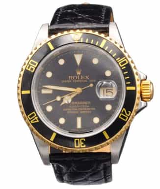 Mens Rolex Two-Tone Submariner 16613T Watch Bezel Engraved Rehaut with Black Dial & Bezel (SKU N311803LAMT)