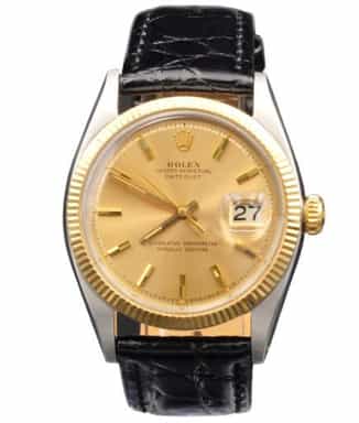 Mens Rolex Two-Tone Datejust 1601 Gold Champagne Dial Watch with Black Strap (SKU 581702AMT)