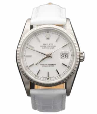 Mens Rolex Stainless Steel Datejust Watch White Dial White Band 16220 (SKU 16220FPWAMT)