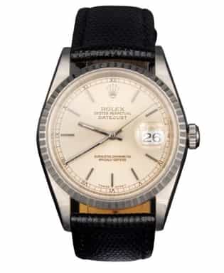 Mens Rolex Stainless Steel Datejust Watch Silver Dial Black Band 16220 (SKU P671577AMT)