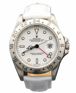 Mens Rolex Stainless Steel Explorer II White Dial White Leather Band Watch 16570 (SKU K618256WLAMT)