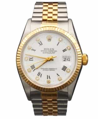 Mens Rolex Two-Tone 18K/SS Datejust White Diamond Roman Dial 16013 (SKU R268543AMT)