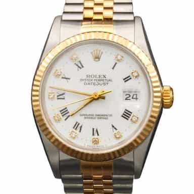 Mens Rolex Two-Tone 18K/SS Datejust White Diamond Roman Dial 16013 (SKU R268543AMT)