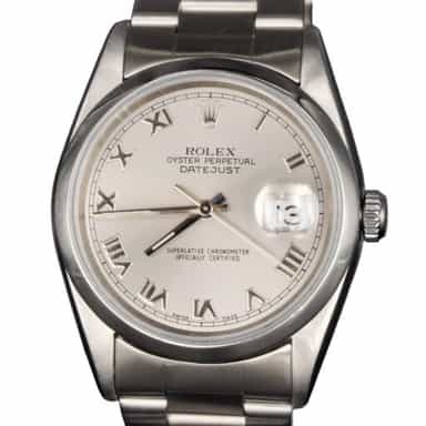 Mens Rolex Stainless Steel Datejust Watch Silver Roman Dial 16200 (SKU A418451AMT)
