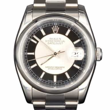Mens Rolex Stainless Steel Datejust Watch Black Silver Tuxedo Dial 116200 (SKU A084703AMT)