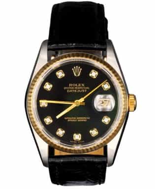 Mens Rolex Two-Tone Datejust Watch Factory Black Diamond Dial 16233 (SKU T119475BLAMT)