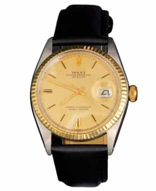 Mens Rolex Two-Tone Datejust 1601 Gold Champagne Dial Watch with Black Strap (SKU 3170657BLAMT)