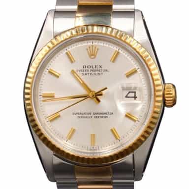 Mens Rolex Two-Tone Yellow Gold/ Stainless Steel Datejust Watch Silver Dial 1601 (SKU 1601FPOAMT)