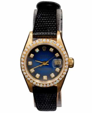 Ladies Rolex 18K Yellow Gold Datejust Watch Blue Vignette Diamond Dial 69178 (SKU E256384BLAMT)