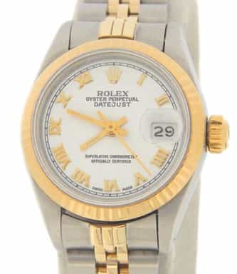 Ladies Rolex Two-Tone 18K/SS Datejust Watch 69173 with Rolex Jubilee Band and White Roman Dial (SKU BB69173FPWAMT)