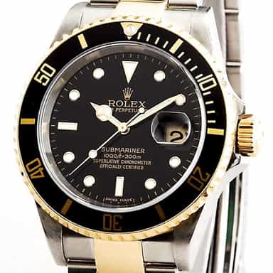 Mens Rolex Two-Tone Submariner 16613T with Black Dial & Bezel - Mid 2000s (SKU 16613T111MT)