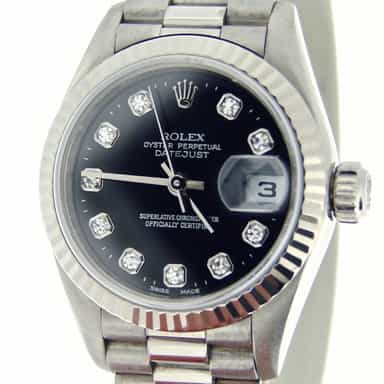 Ladies Rolex 18K White Gold Datejust President Black Diamond 79179 (SKU K415670MT)