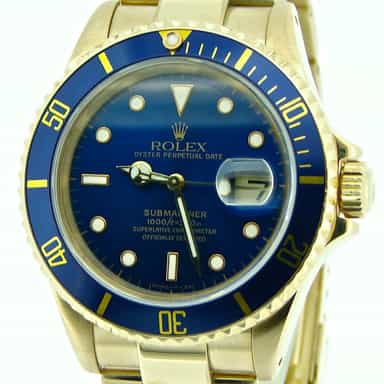 Mens Rolex 18K Yellow Gold Submariner Blue  16618 (SKU N301320NNMT)