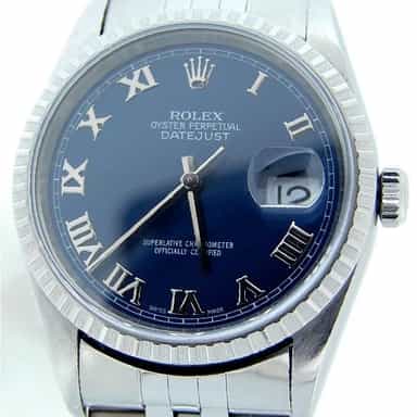 Mens Rolex Stainless Steel Datejust Watch Blue Roman 16220 (SKU BDJ2104DMT)