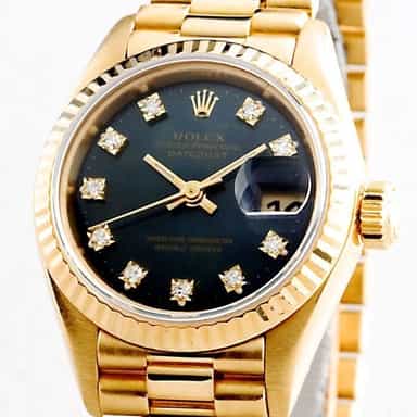 Ladies Rolex 18K Yellow Gold Datejust President Black Diamond 69178 (SKU 69178BLKMT)
