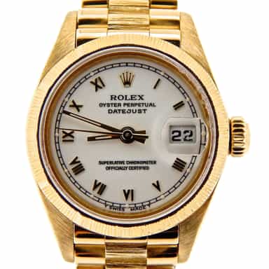 Ladies Rolex 18K Yellow Gold Datejust President White Roman 69278 (SKU 9292482NMT)