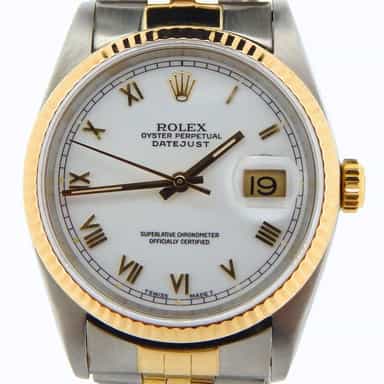 Mens Rolex Two-Tone 18K/SS Datejust White Roman 16233 (SKU X326855NBCMT)