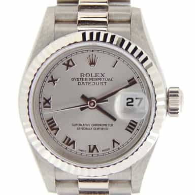 Ladies Rolex 18K White Gold Datejust President Watch 69179 with Silver Roman Dial (SKU A811688NMT)