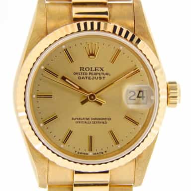 Ladies 31mm MidSize Rolex 18K Yellow Gold Datejust President 68278 (SKU S995326NMT)