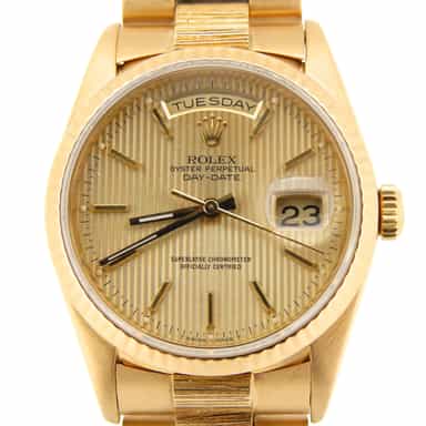 Mens Rolex 18K Gold Day-Date President with Bark Finish and Fluted Bezel (SKU W120442NBRKMT)