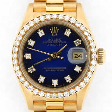 Ladies Rolex 18K Yellow Gold Datejust President Watch Blue Vignette Diamond 69178 (SKU L3BL59V476MT)