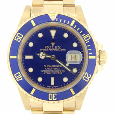 Mens Rolex 18K Yellow Gold Submariner Blue  16618 (SKU 16618BLUEMT)