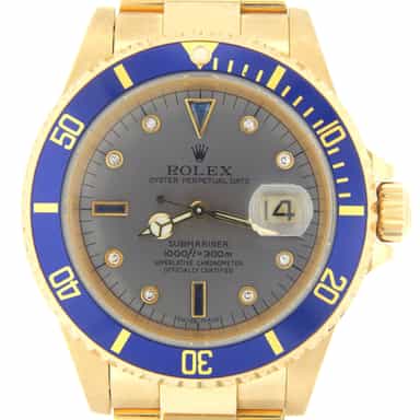 Mens Rolex 18K Yellow Gold Submariner Slate Diamond Blue 16618 (SKU A688645NNMT)