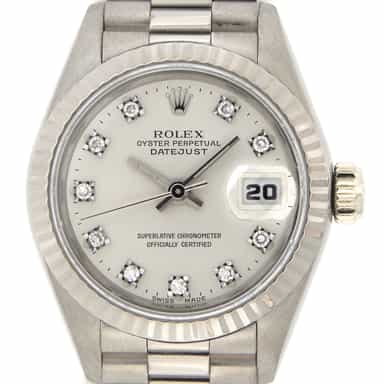 Ladies Rolex 18K White Gold Datejust President Silver Diamond 69179 (SKU R823461)