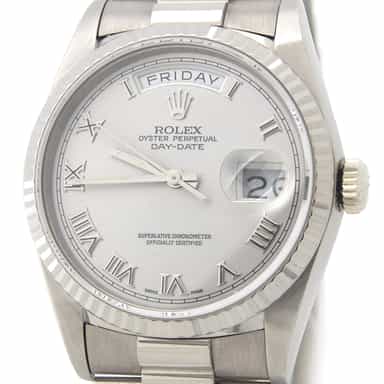 Mens Rolex 18K Gold Day-Date President Silver Roman 18239 (SKU 18239SLVRMT)