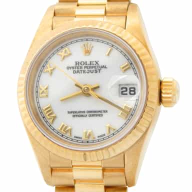 Ladies Rolex 18K Yellow Gold Datejust President White Roman 69178 (SKU T452902AMT)