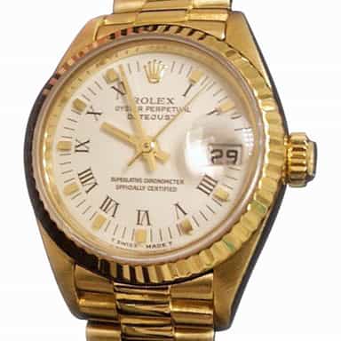 Ladies Rolex 18K Yellow Gold Datejust President White Roman 69178 (SKU 625AMT)