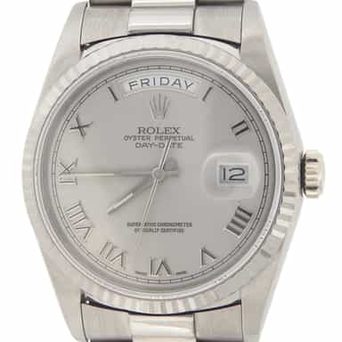 Mens Rolex 18K Gold Day-Date President Silver Roman 18239 (SKU L201576AMT)