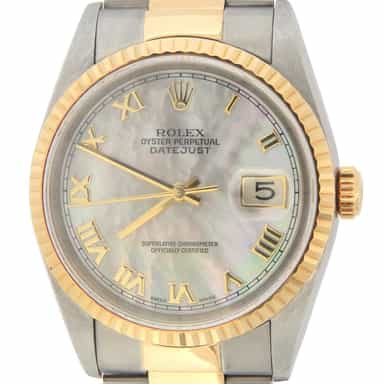 Mens Rolex Two-Tone 18K/SS Datejust Factory MOP Roman 16233 (SKU U490314OAMT)