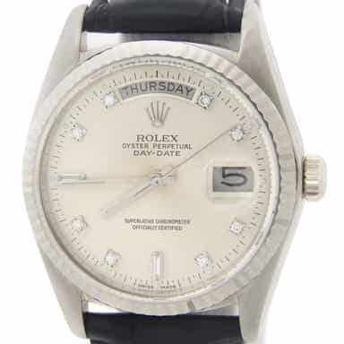 Mens Rolex 18K Day Date Watch 18039 with Silver Diamond Dial (SKU 18039SLVFDAMT)
