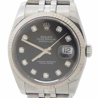 Mens Rolex Stainless Steel Datejust Watch Black Diamond 116234 (SKU 116234BLKAMT)