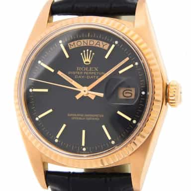 Vintage Mens Rolex 18K Rose Gold Day-Date Watch 1803 with Black Dial (SKU 1803304RBLAMT)