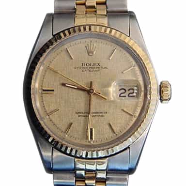 Mens Rolex Two-Tone Datejust 1601 Watch with Gold Linen Dial (SKU 791MT)
