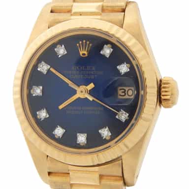 Ladies Rolex 18K Yellow Gold Datejust President Watch 6917 Blue Vignette Diamond (SKU 6525049AMT)