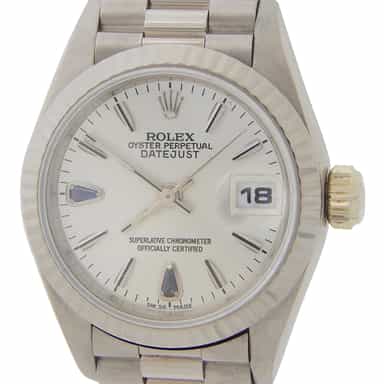 Ladies Rolex 18K White Gold Datejust President Watch 69179 Silver Blue Sapphire Dial (SKU T140106AMT)